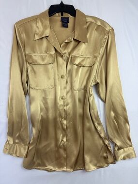 Laura Scott Gold Satin Button-Front Shirt with Flap Pockets